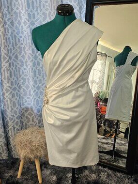 Eliza J New York White One‑Shoulder Stretch Satin Gown, Size 8, Pearl beadwork